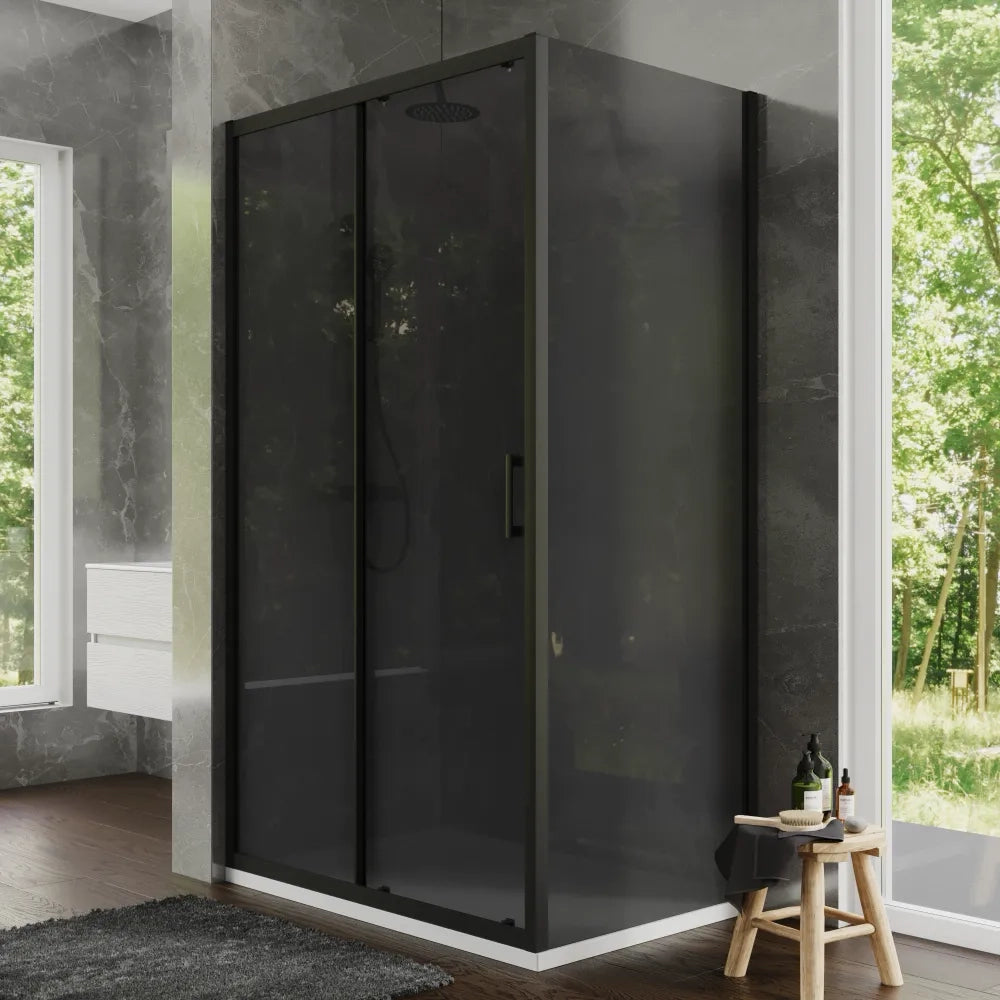 Box doccia 70x145 cm scorrevole profili nero opaco vetro temperato 6mm fumè anticalcare h198 | Tahiti