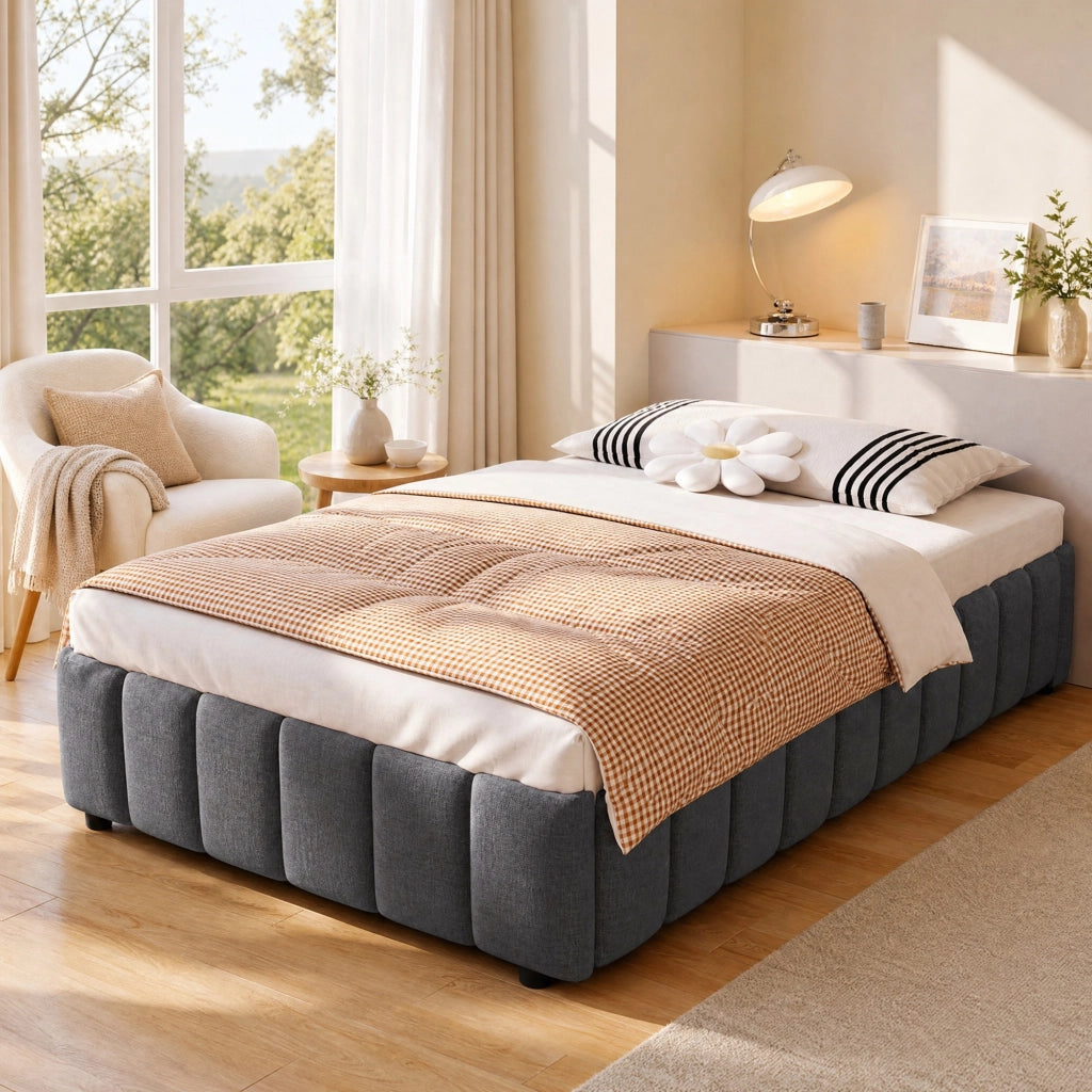 Letto imbottito 90 × 200 cm con contenitore idraulico; senza testiera né materasso; grigio