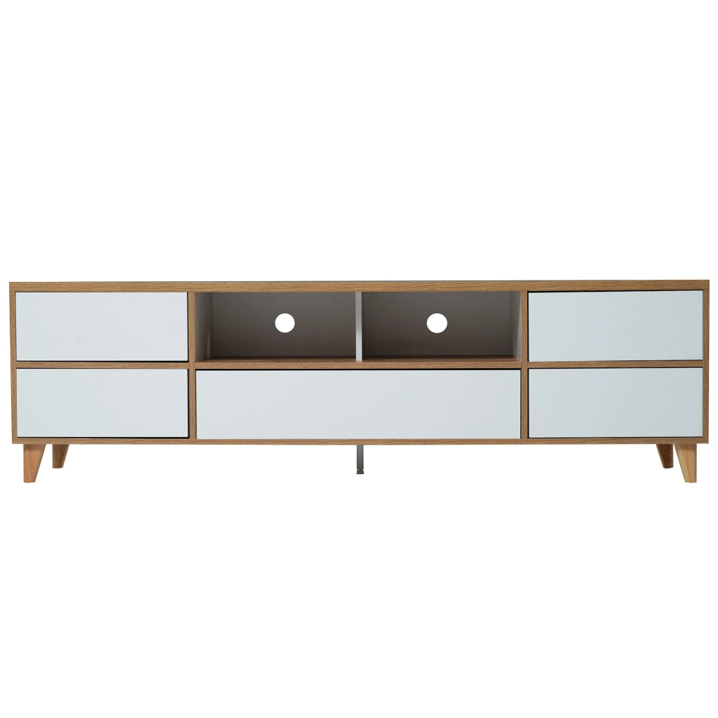 Mobile TV con 4 ante e vani, finitura bianca lucida effetto legno, per soggiorno, in MDF, bianco, 175 × 37 × 51 cm