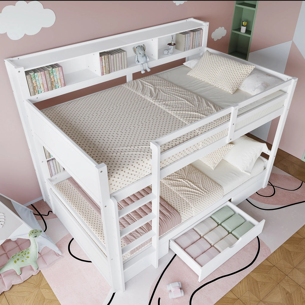Letto a castello per bambini 90 × 200 cm con cassetto e ripiani laterali in legno bianco