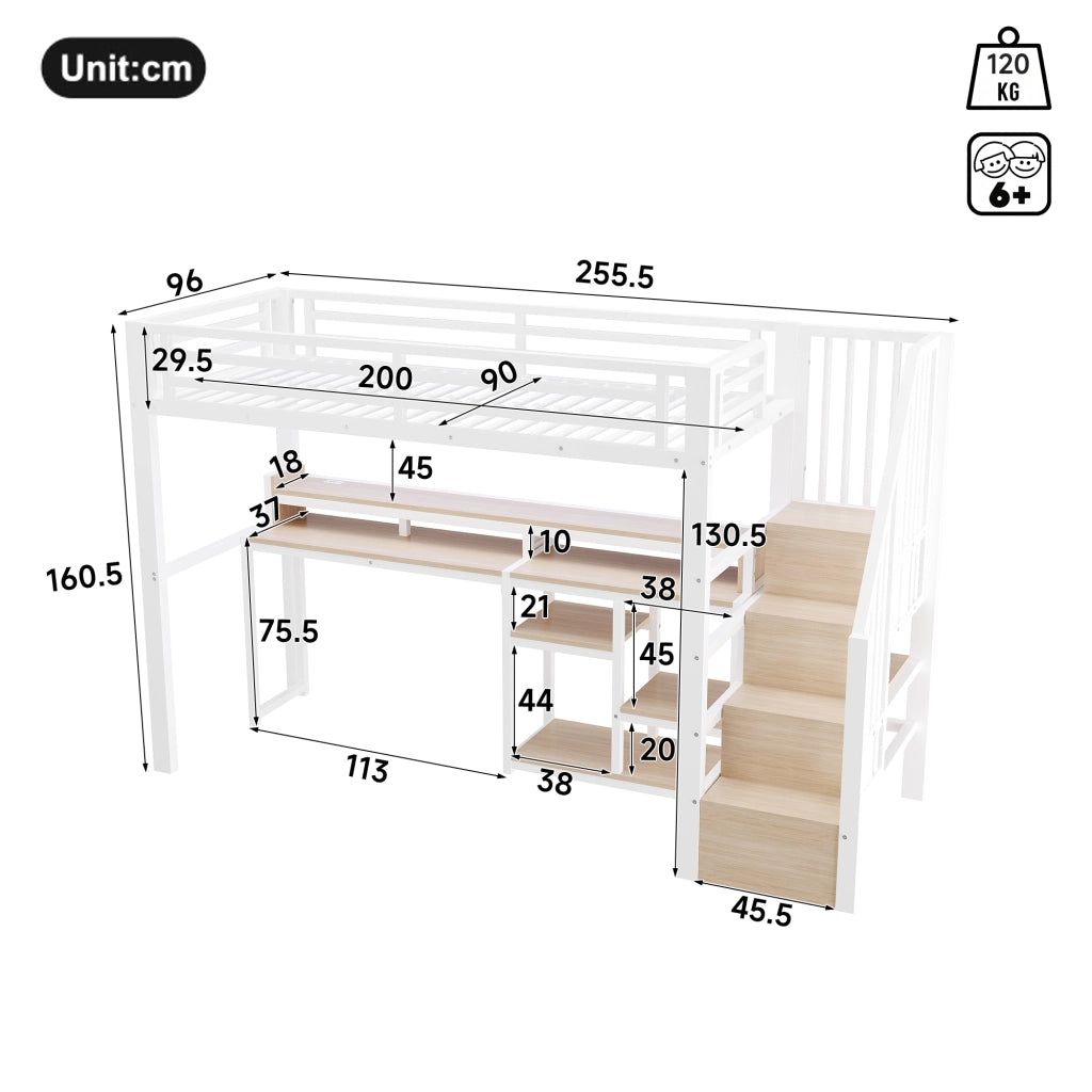 Letto a Soppalco 90 x 200 cm - USB, Type-C, LED e Ripiani - Bianco