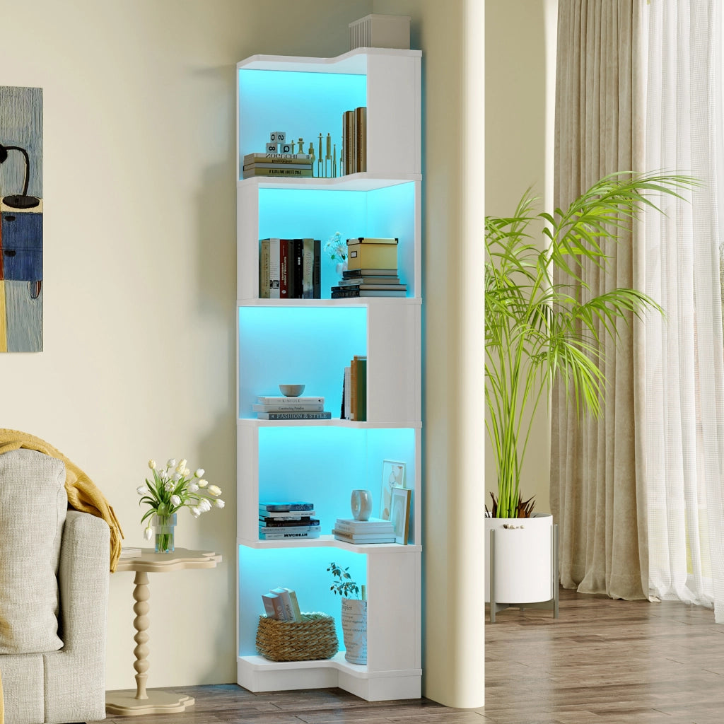 Libreria Angolare Bianca Scaffale a Forma di L con Luci LED e 5 Ripiani
