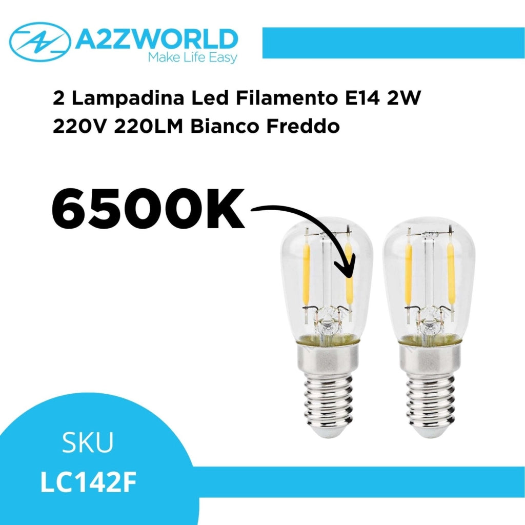 2 Lampadina Led Filamento E14 2W 220V 220LM Freddo 6500K Per Frigorifero Vetro Trasparente