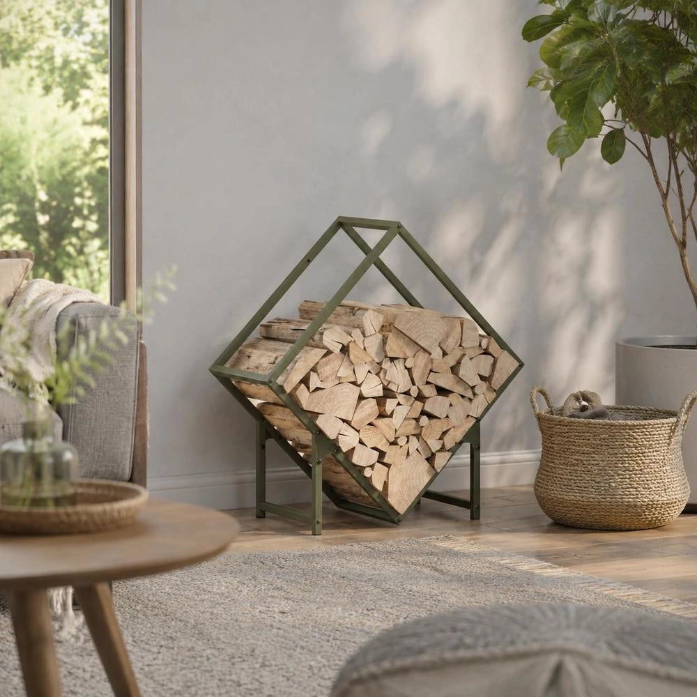 Porta legna verde oliva, 60x25x60 cm, in acciaio laminato a freddo – robusto e resistente, ideale per esterni, giardino e camino, pratico e durevole