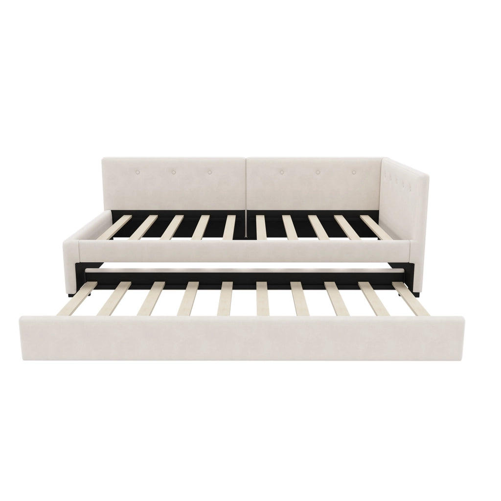 Letto singolo 90x200 cm con letto estraibile; struttura imbottita beige in velluto