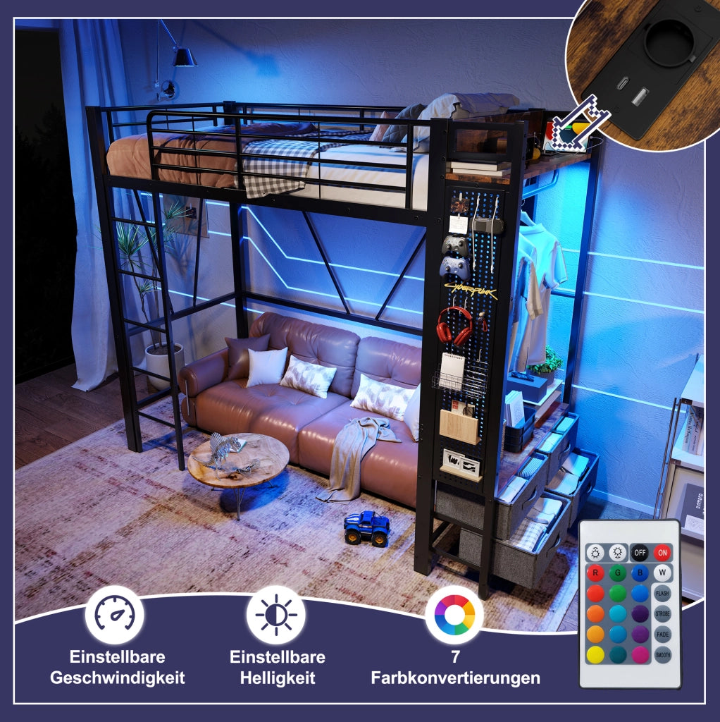 Letto a soppalco 90x200 cm con 4 cassetti; LED e USB-C in metallo e MDF nero