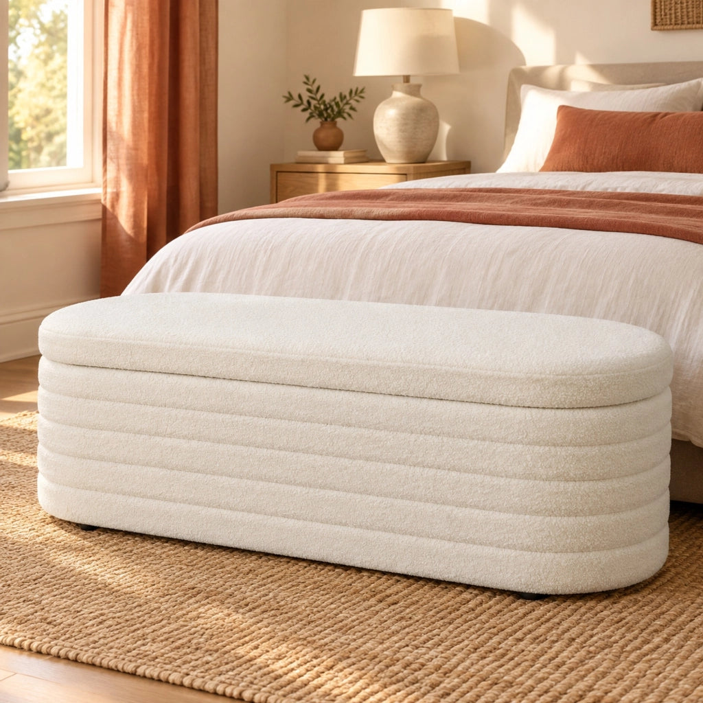 Panca contenitore imbottita con piedi protettivi in poliestere crema 116×41×40.5 cm