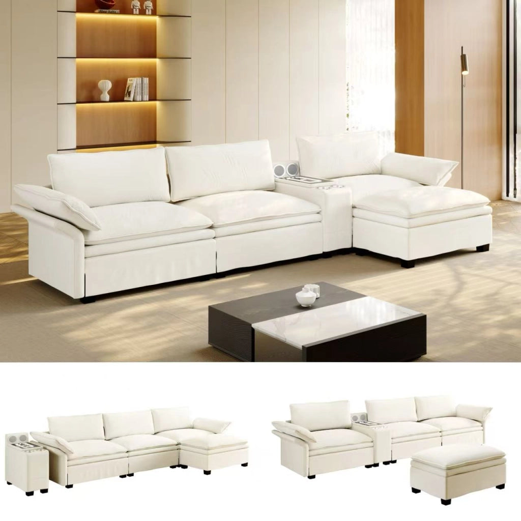 Divano modulare 4 posti - con ricarica wireless; luci e contenitore - chenille - beige