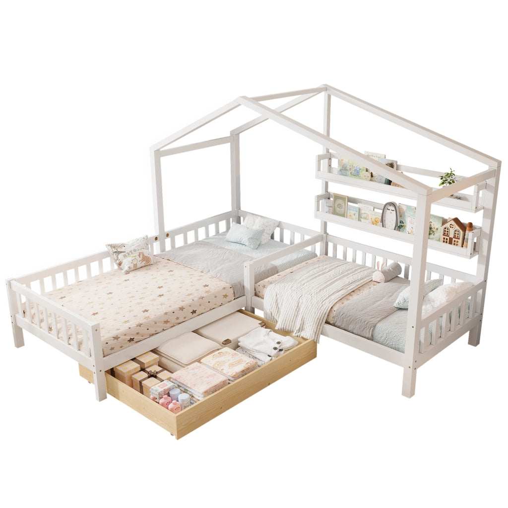 Letto a casetta per bambini in legno con cassetti e ripiani, bianco, 200x90 cm + 140x70 cm