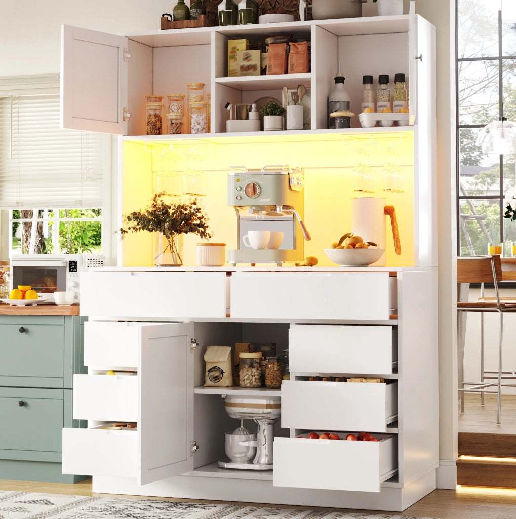 Armadio alto moderno bianco con 8 cassetti, ripiani regolabili e illuminazione LED smart 120×40×183,5 cm