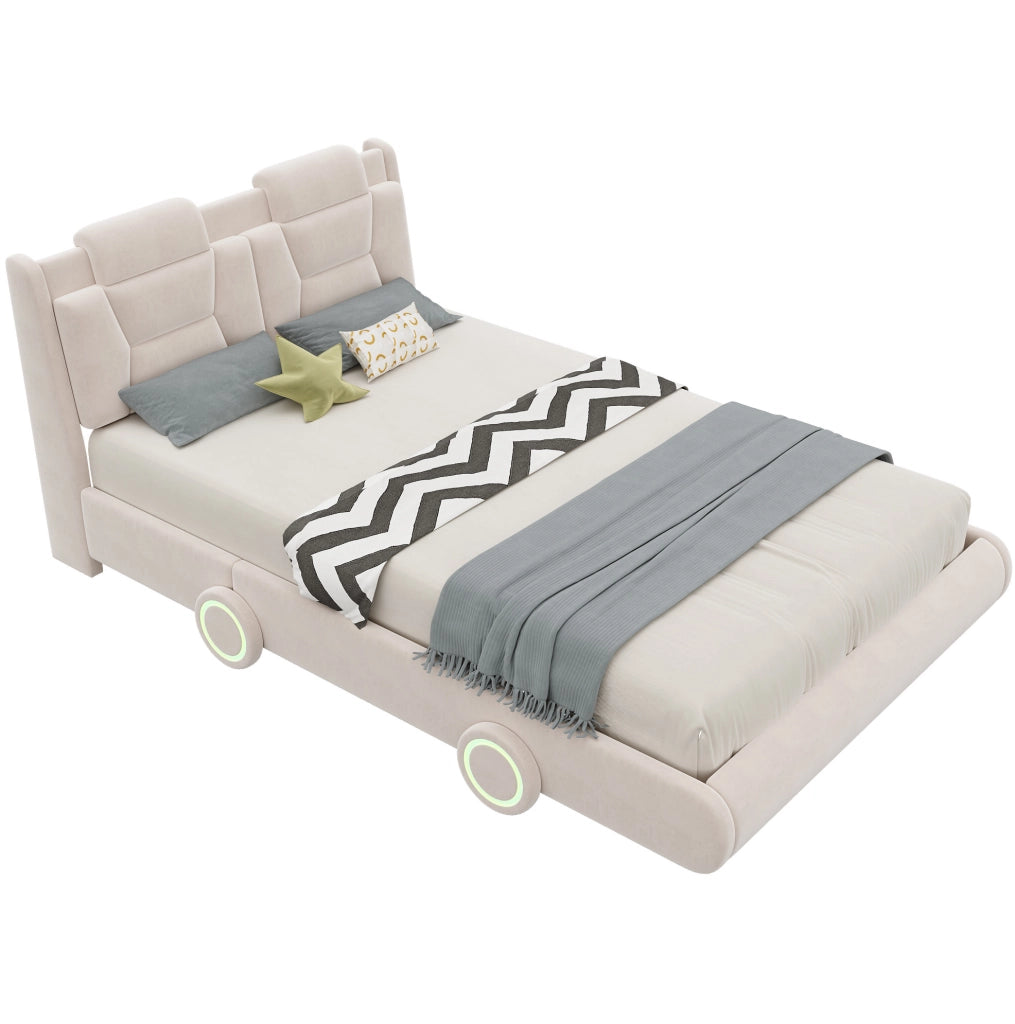 Letto Imbottito per Bambini a Forma di Auto 140 x 200 cm Beige in Flanella - Senza Materasso