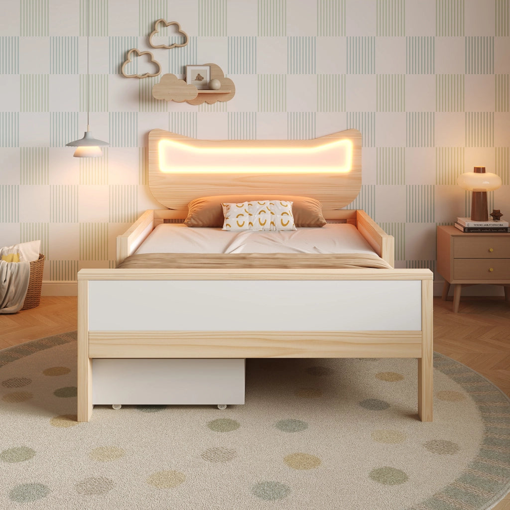 Letto per bambini 90 × 190 cm con LED RGB; cassetto e vano a giorno; senza materasso; bianco e rovere