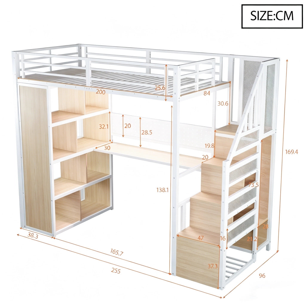 Letto a soppalco 90 × 200 cm con scrivania armadio scala contenitore pannello forato LED metallo bianco