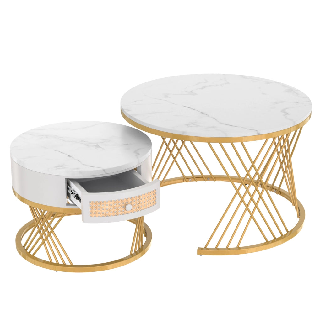 Set di 2 tavolini da caff¨¨ rotondi 70 e 50 cm in MDF bianco con cassetto