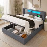 Letto matrimoniale contenitore 160x200 cm con LED; USB e Type-C in lino grigio HOMVRA