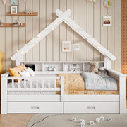 Letto a piattaforma in legno a forma di casa 140x200 cm con illuminazione LED, ripiani e cassetti, bianco