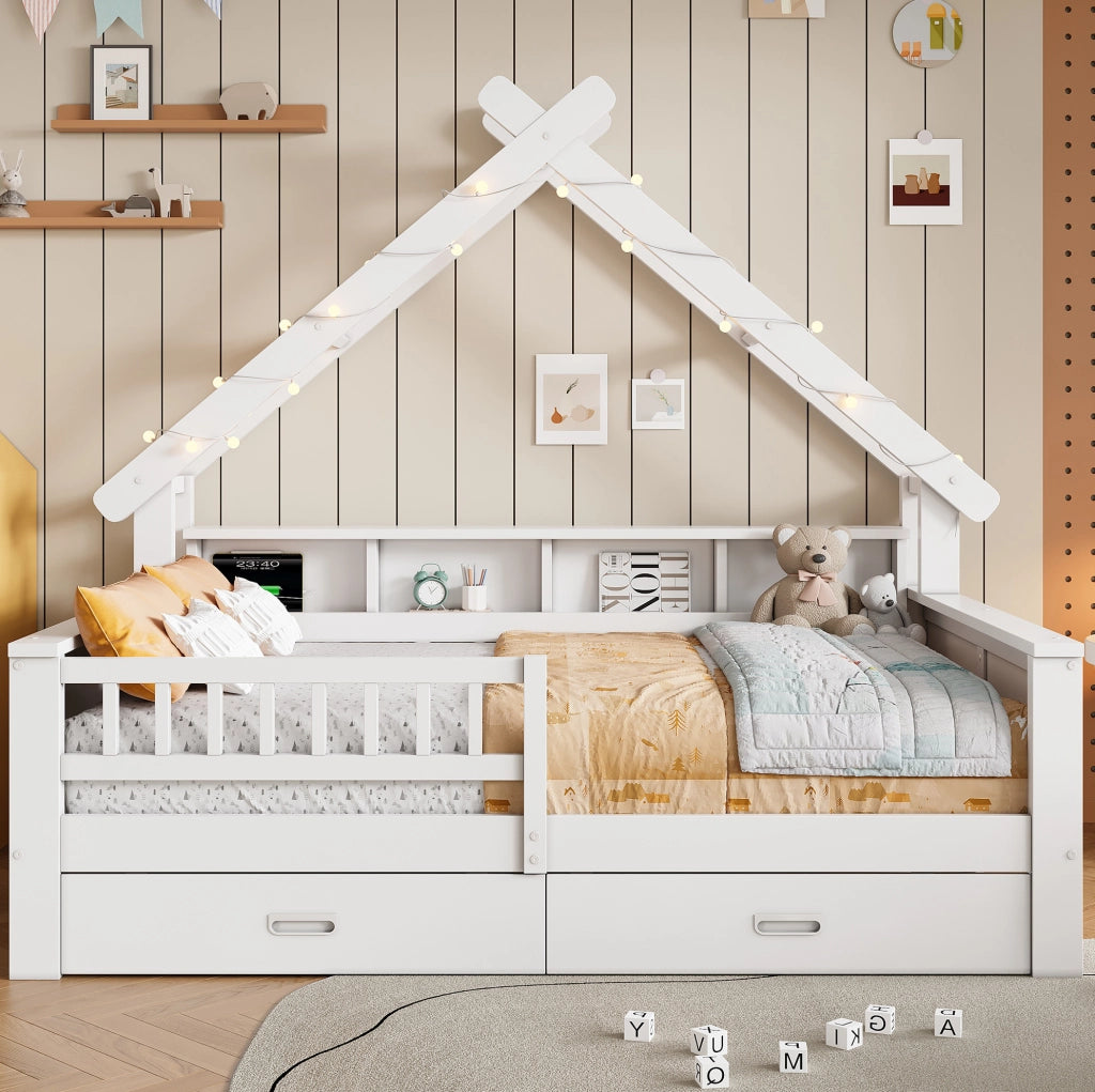 Letto a piattaforma in legno a forma di casa 140x200 cm con illuminazione LED, ripiani e cassetti, bianco
