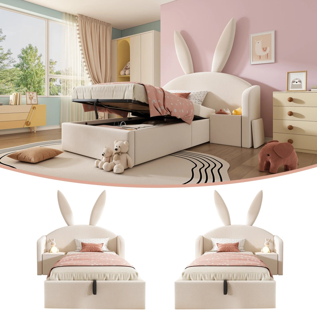 Letto junior 90x200 cm in velluto beige con contenitore, comodino integrato e design con orecchie