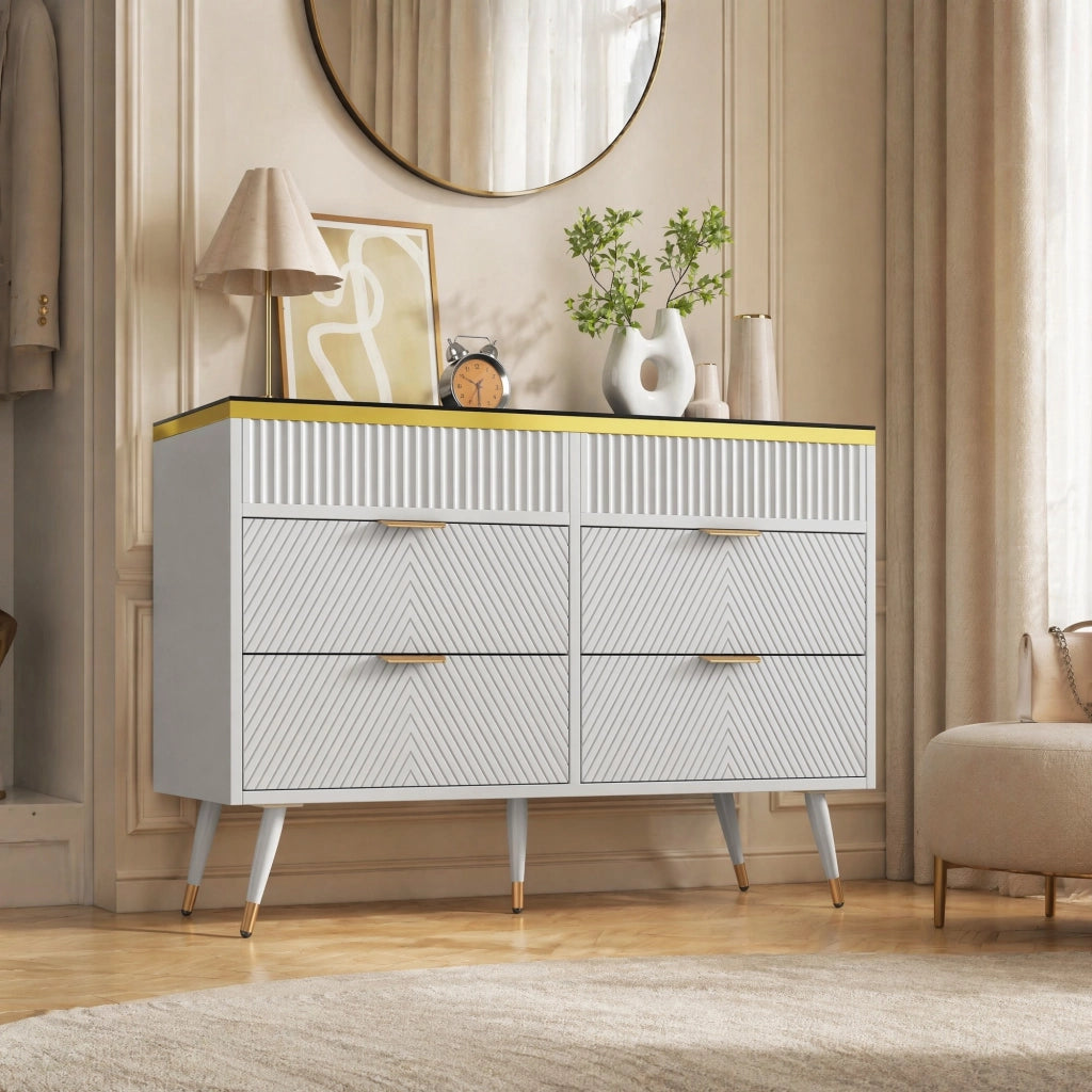 Comò con 6 cassetti e divisori rimovibili vetro marrone e metallo bianco 120 × 40 × 76 cm
