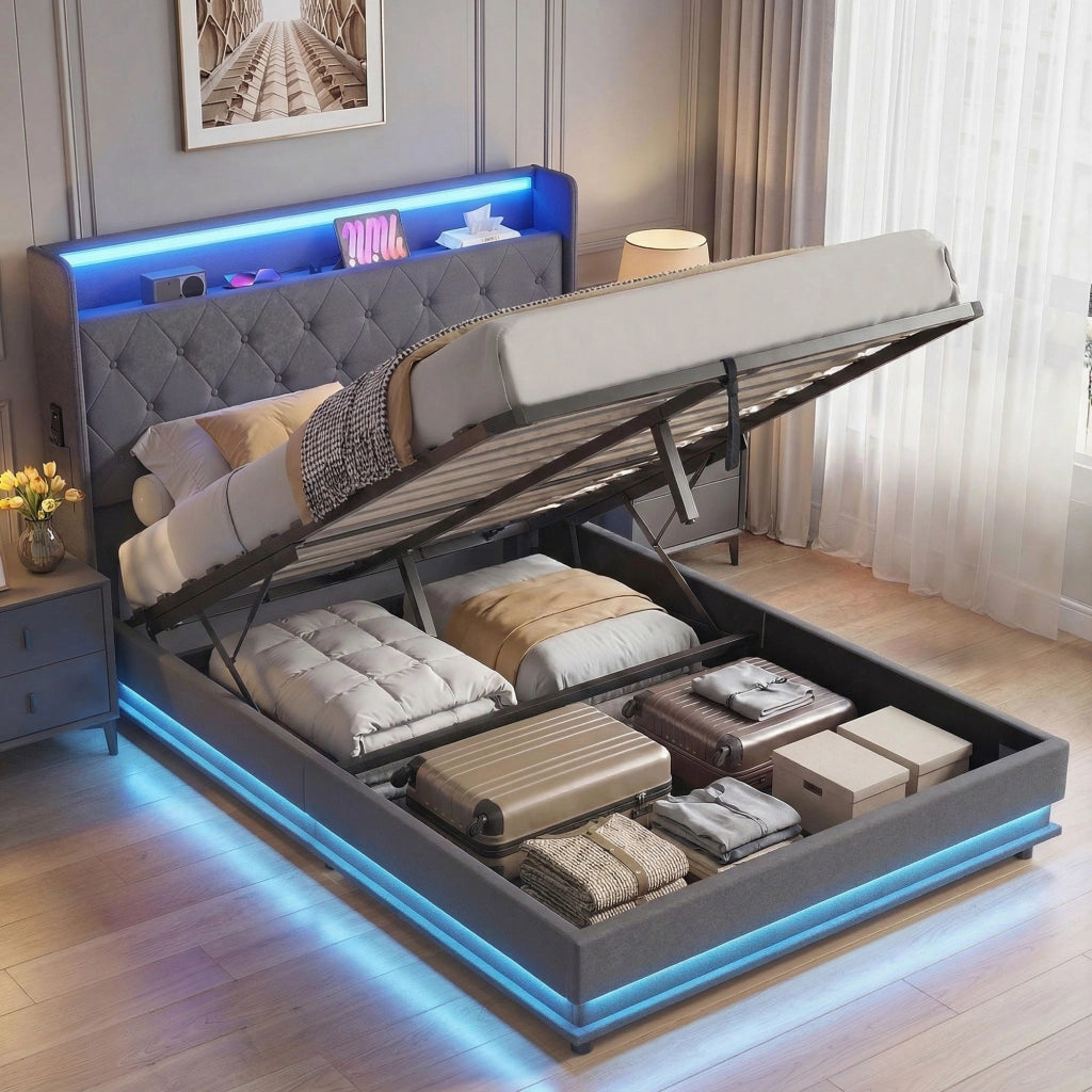 Letto contenitore matrimoniale imbottito 140x190 con LED e ricarica USB ¨C Xylo ¨C grigio tessuto