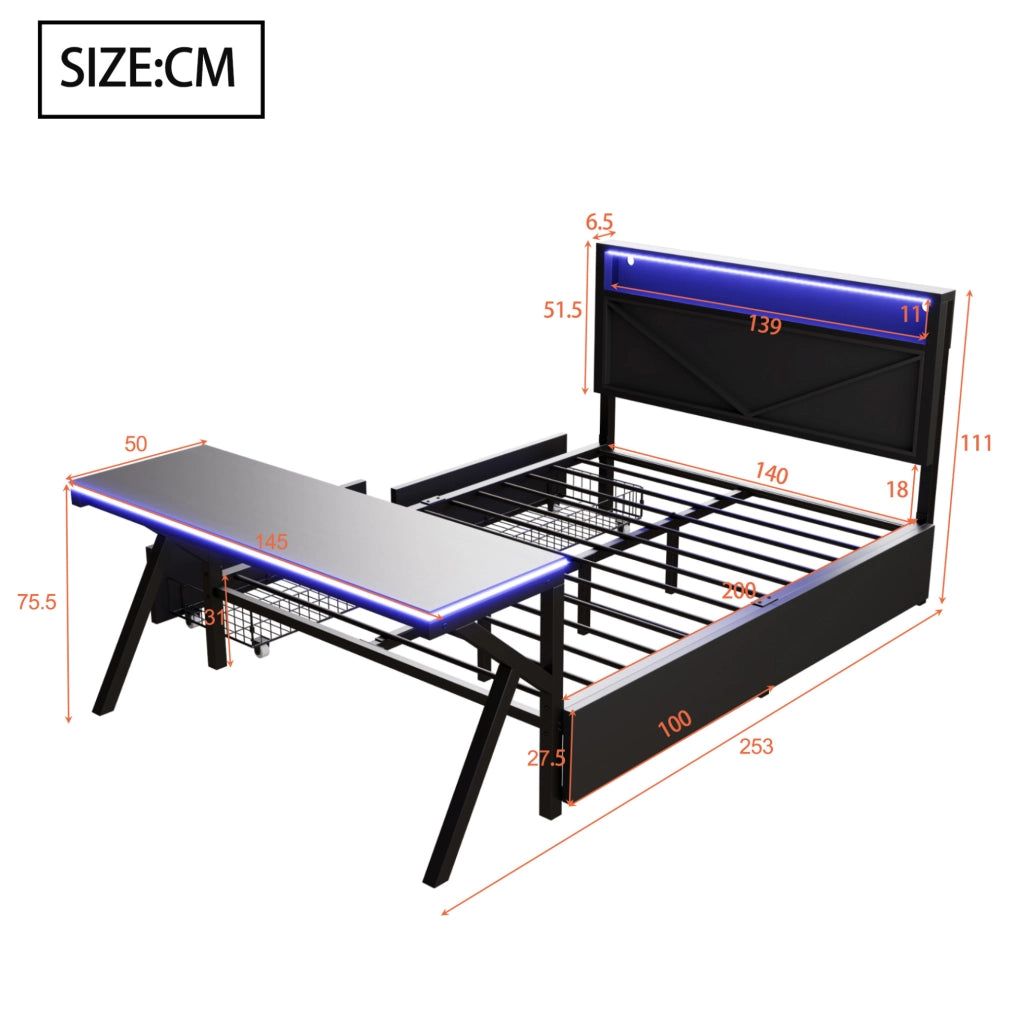 Letto piattaforma gaming 140x200 cm in MDF e metallo nero con LED e contenitori