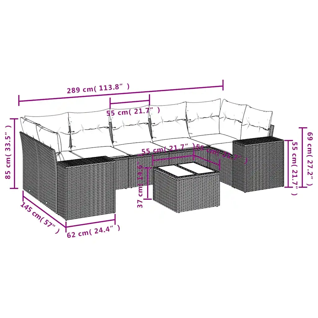 Set Divani da Giardino 8 pz con Cuscini Nero in Polyrattan 3222336