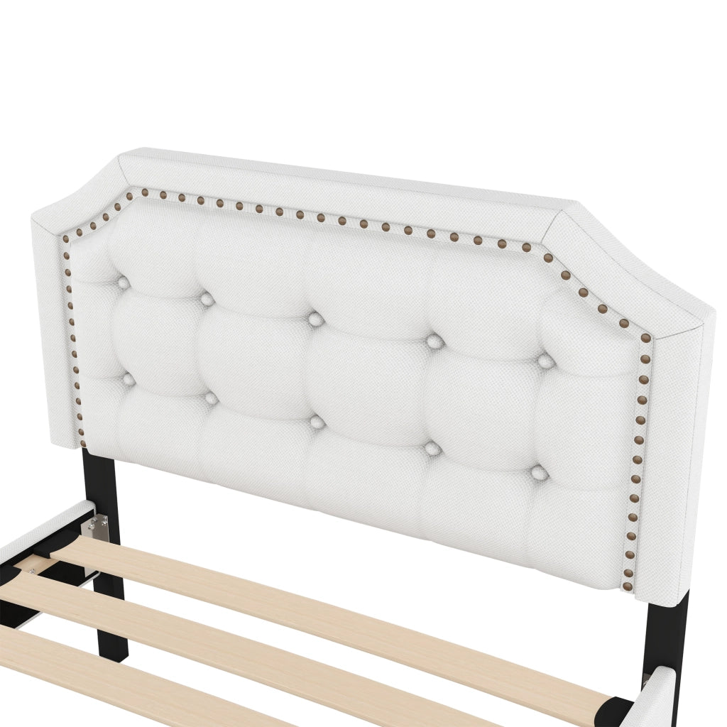 Letto imbottito 90x200 cm con 2 cassetti in MDF e tessuto beige chiaro