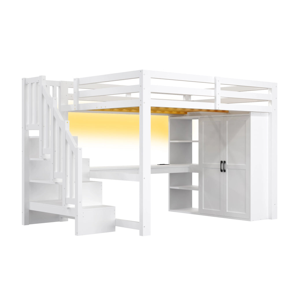 Letto a soppalco 140x200 con scrivania; armadio e LED; bianco