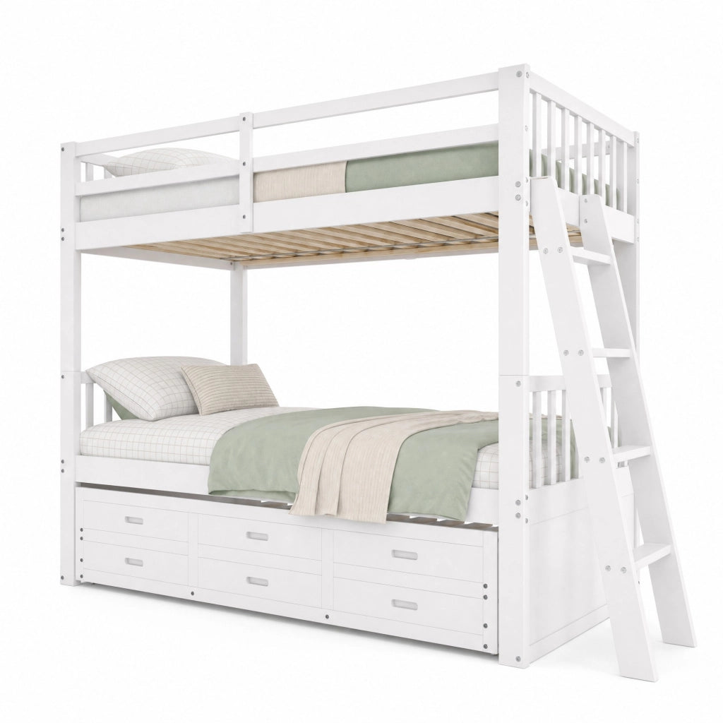 Letto a castello 90 × 200 cm con letto estraibile e 3 cassetti in legno bianco con scala antiscivolo