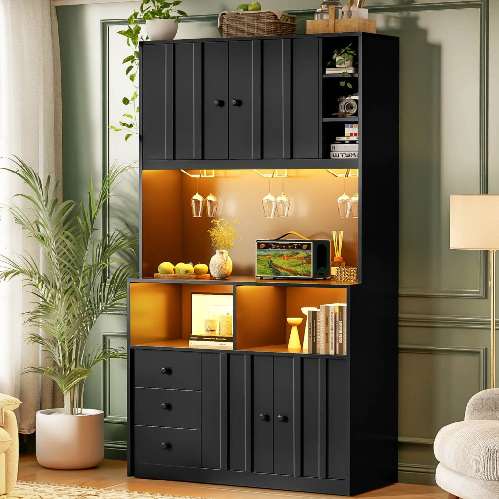 ARMADIO CUCINA 180 cm con LED, prese USB/AC, MDF nero