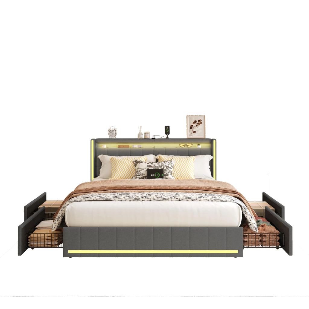 Letto matrimoniale 160x200 cm con LED; 4 cassetti e USB; grigio scuro