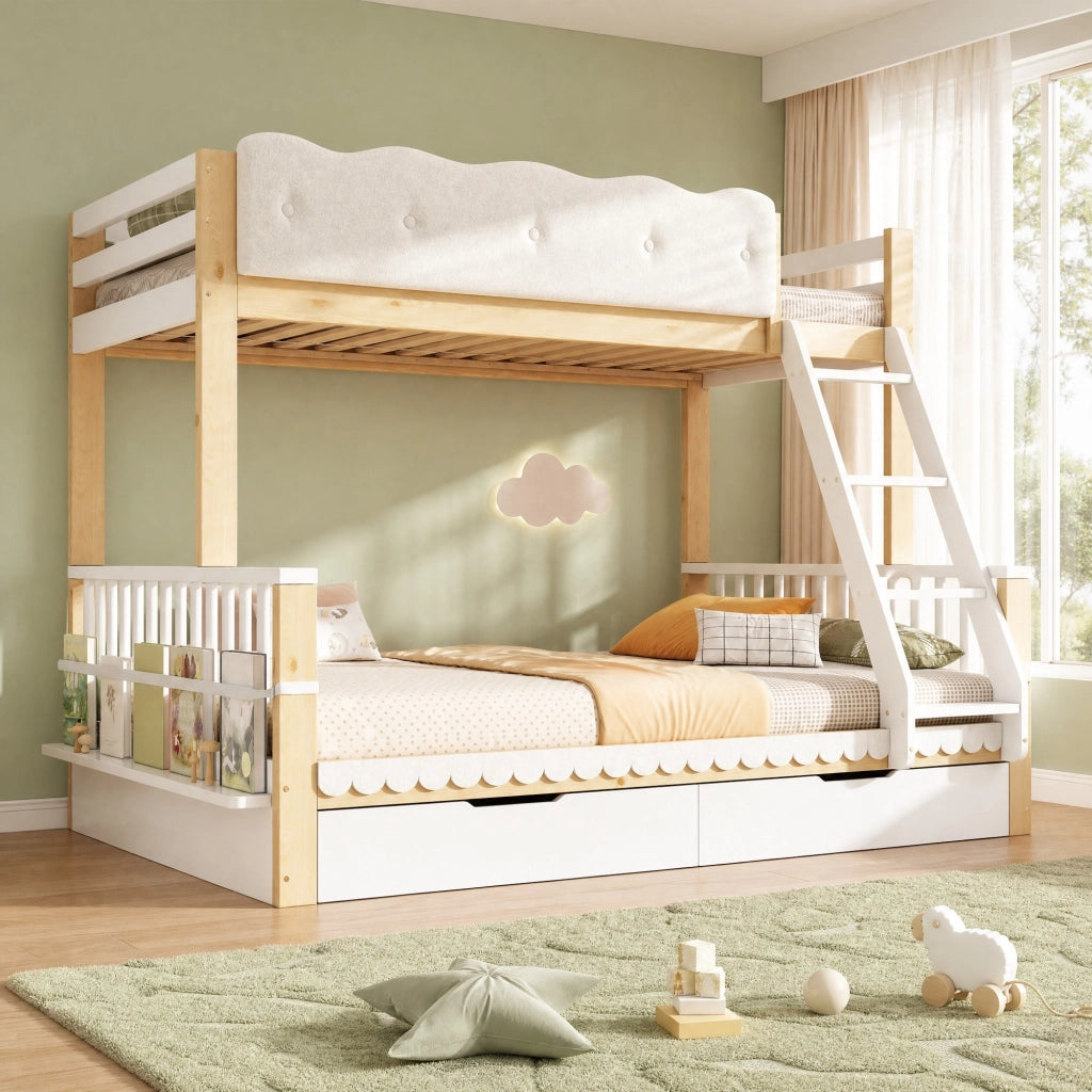 Letto a Castello 90 x 200 cm e 140 x 200 cm; 3 Posti con 2 Cassetti e Portariviste
