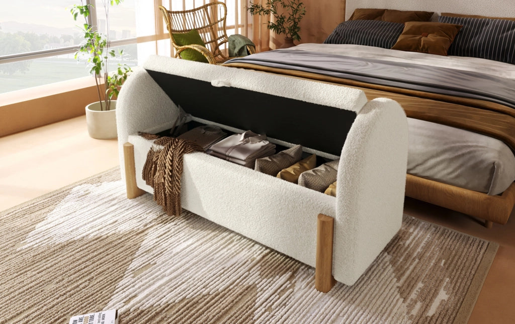 Panca con contenitore idraulico 106 cm bianca in tessuto bouclé chenille con gambe a U in legno di gomma