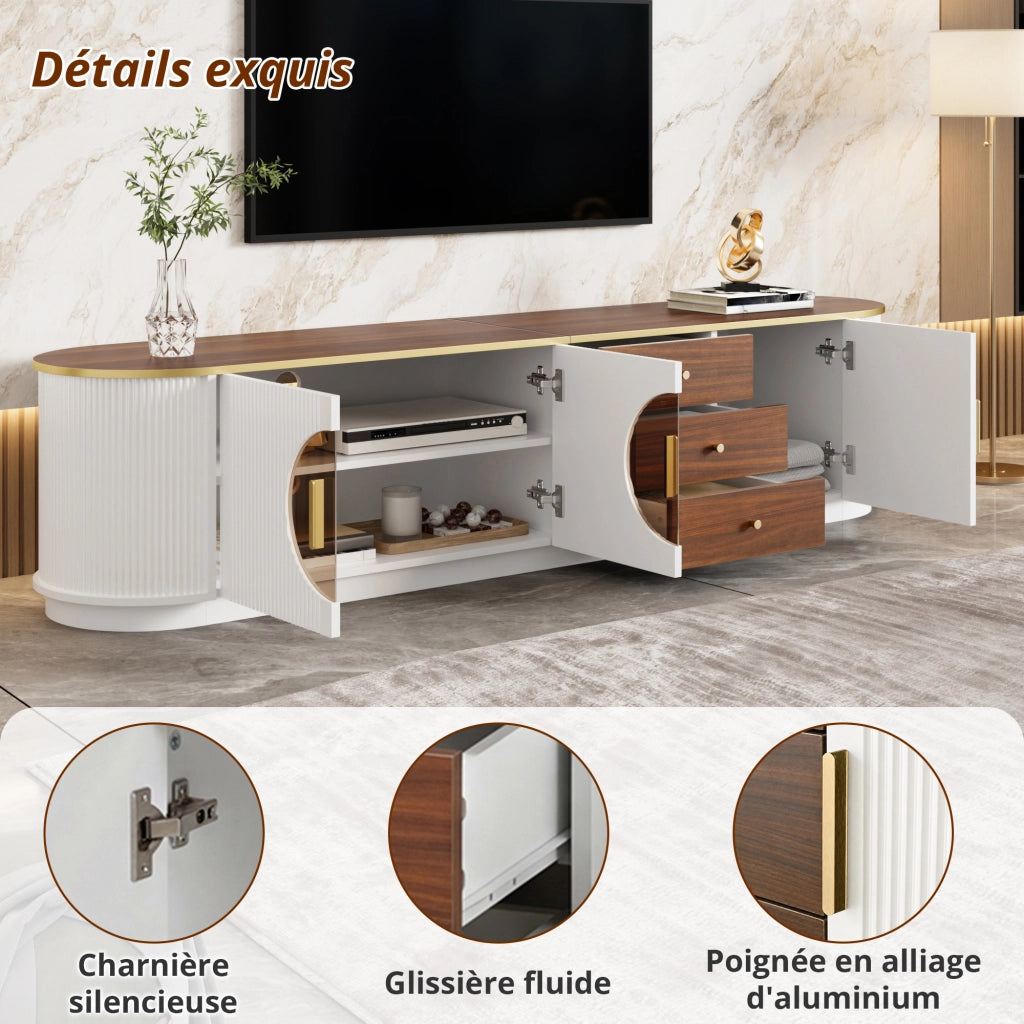 Mobile TV con 3 cassetti e 3 ante; vetro marrone; MDF bianco e gestione cavi 180 × 40 × 46 cm