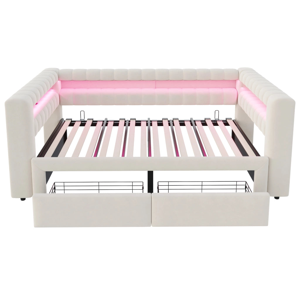 Letto divano 90 × 190 e 180 × 190 cm con letto estraibile; 2 cassetti; LED regolabile; USB e tipo C; senza materasso