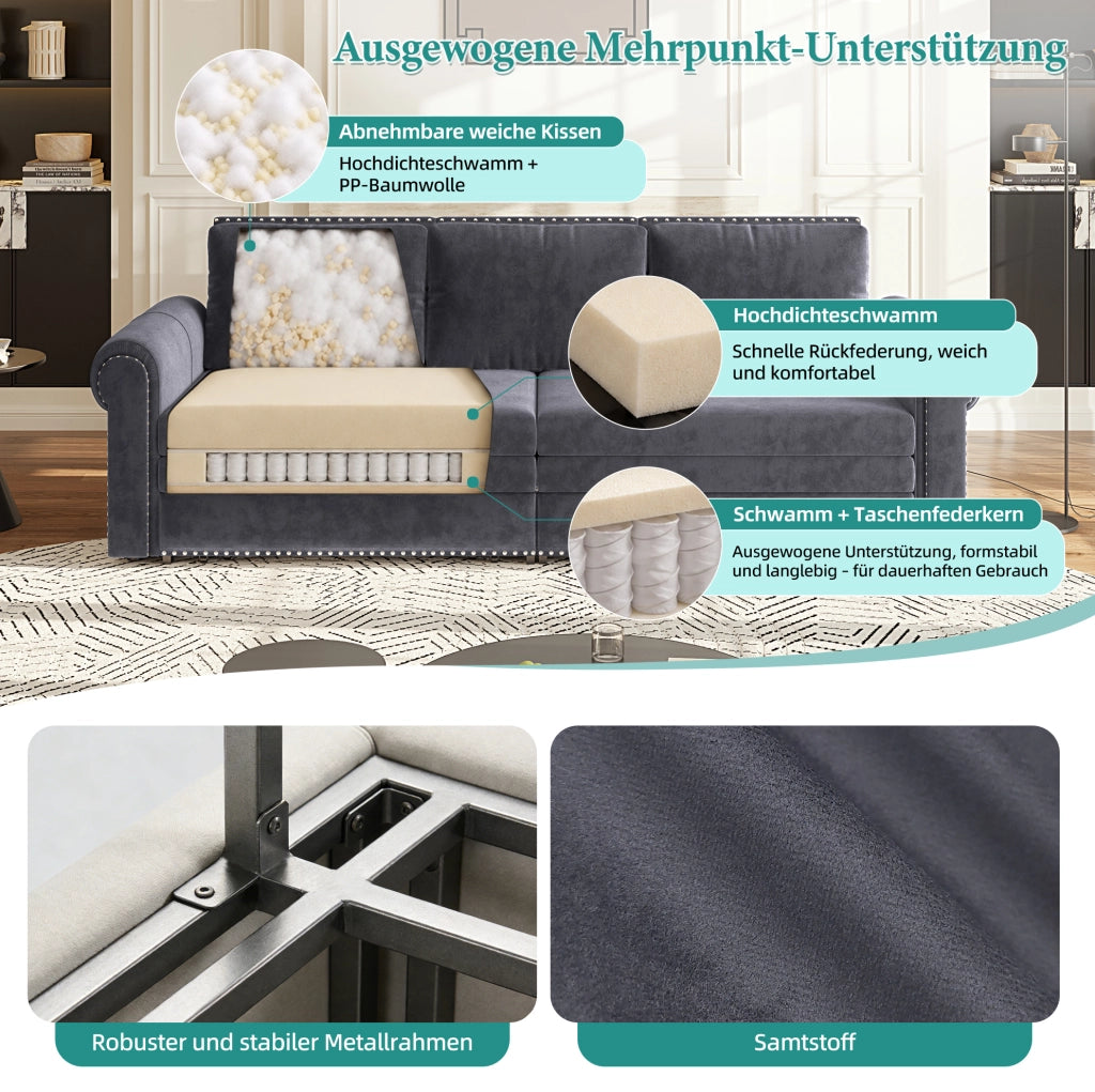 Divano letto estraibile ULEVR 238 cm 3 in 1 con schienali regolabili, velluto grigio e braccioli arrotondati