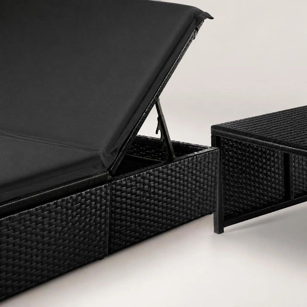 Sun Loungers (2 Pieces) With Table, Black Poly Rattan