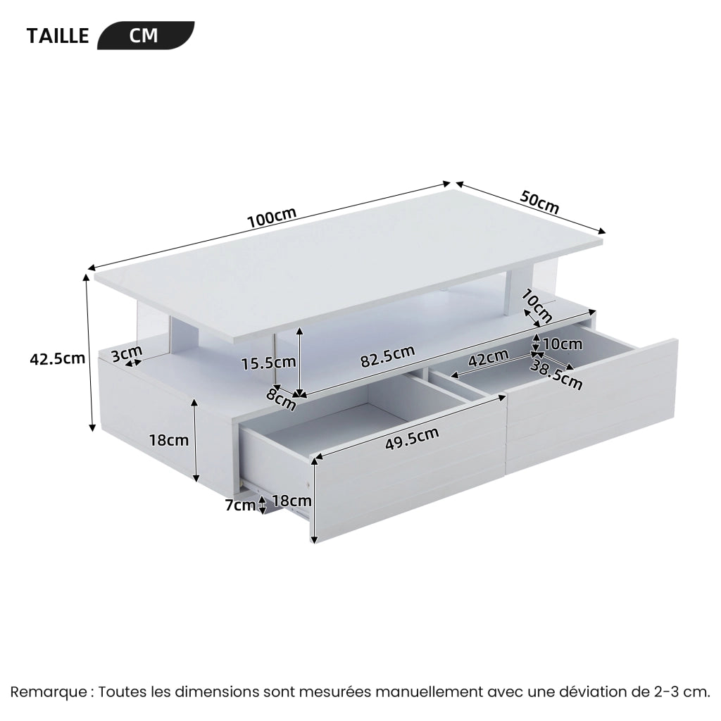 Tavolino da salotto LED con 2 cassetti e ripiano aperto, controllo con app e telecomando, bianco, 100 × 50 × 42 cm