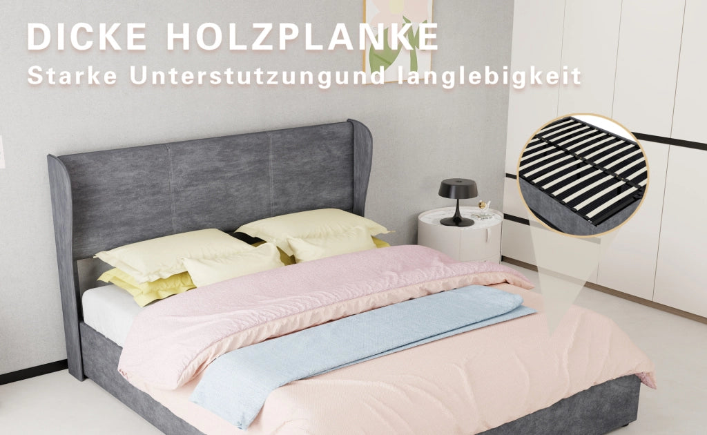 Letto imbottito moderno 160x200 cm con testiera in velluto grigio e base contenitore con meccanismo a gas