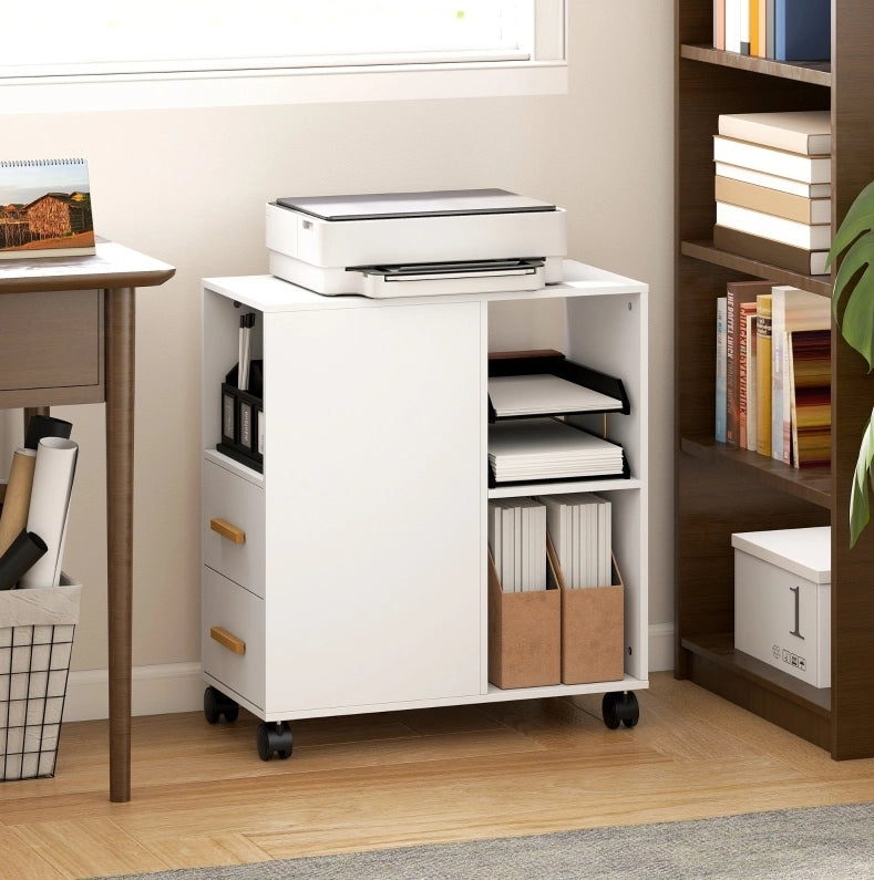 Carrello porta stampante con ripiano regolabile, 60x30x65 cm, bianco, con ruote