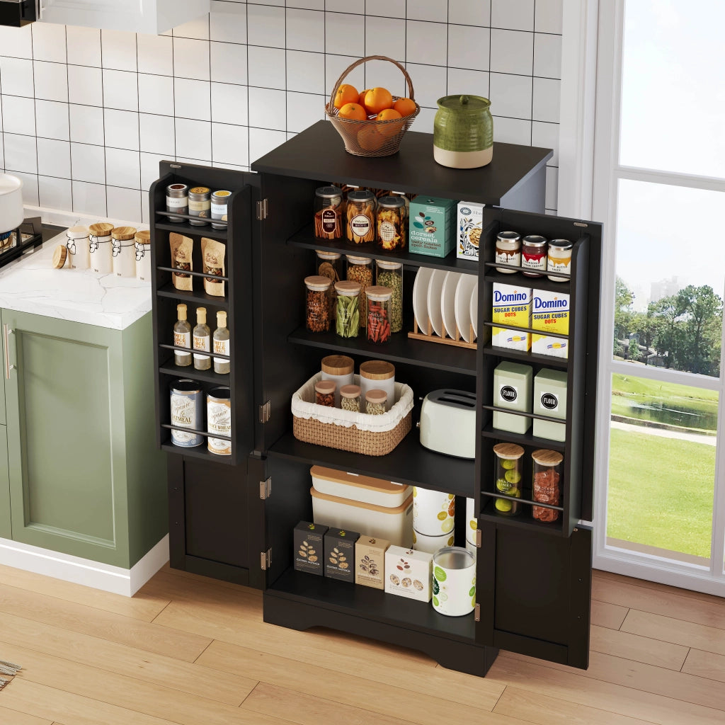 Credenza da cucina alta con LED, 4 ante e 2 ripiani regolabili, per cucina e soggiorno, MDF nero, 120 × 60 × 40 cm