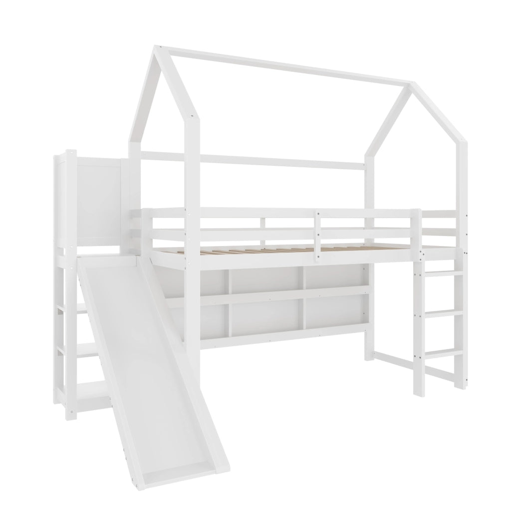 Letto a soppalco ULEVR 90x200 cm a forma di casa con scivolo, LED, ripiani e scala, bianco