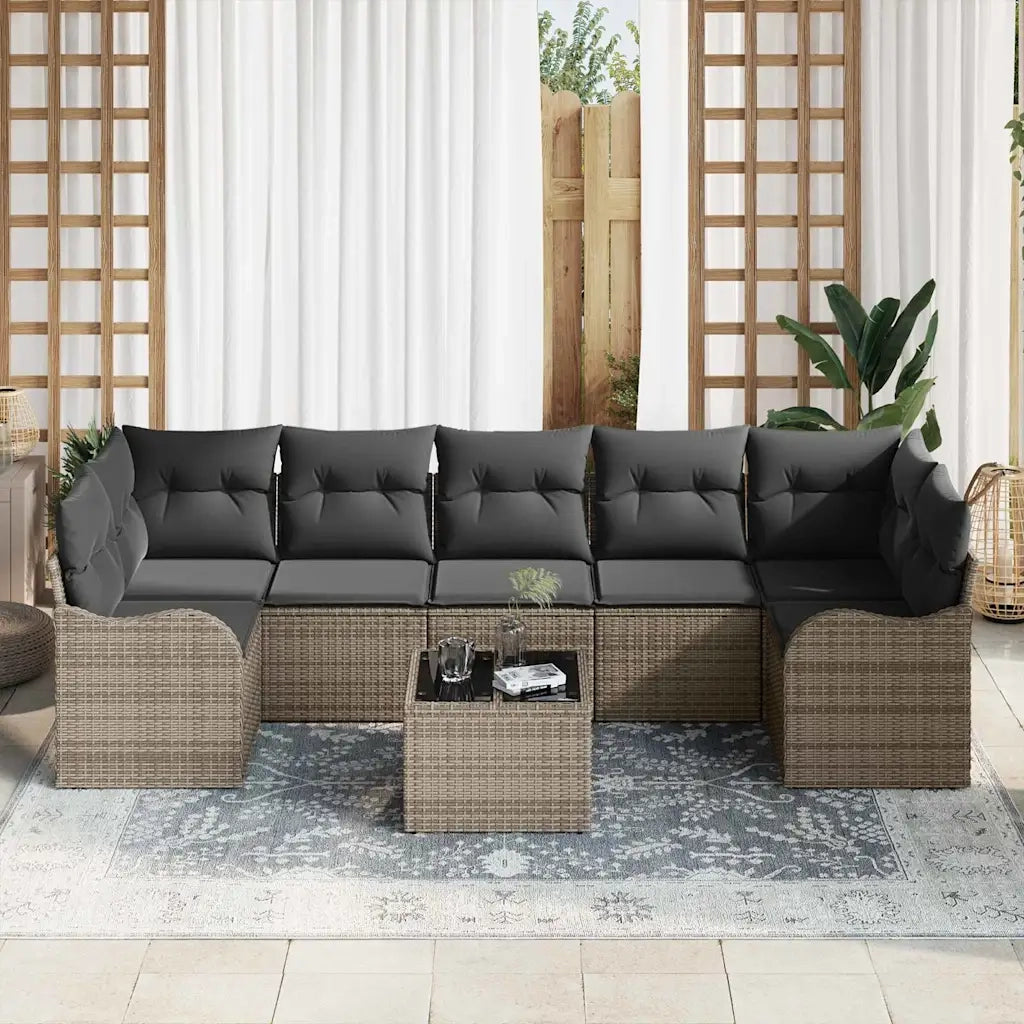 Set Divano da Giardino 8 pcs Grigio Polyrattan, Acciaio e Vetro