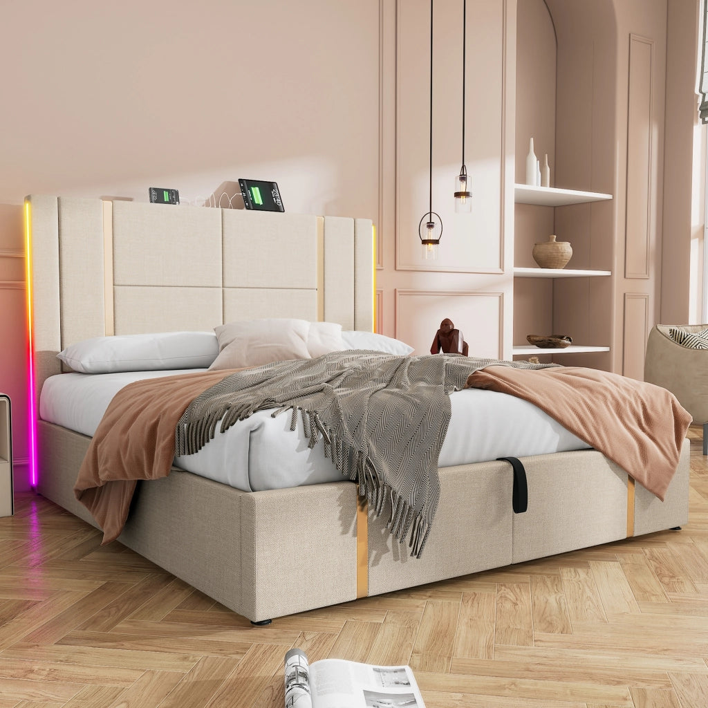 Letto Contenitore 160x200 cm; Letto Matrimoniale - USB; Type-C; LED - in Lino Beige