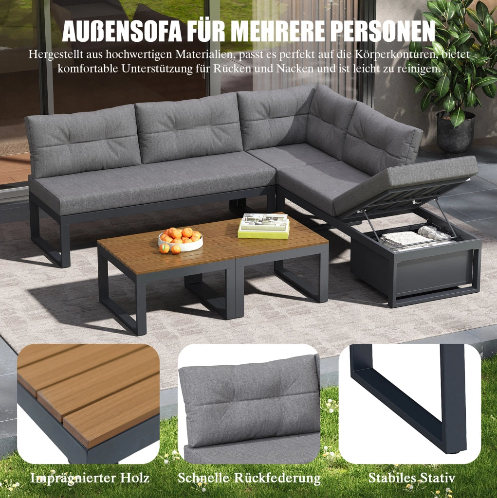 Set divani da giardino modulare 191;5x191;5 cm con contenitore e schienale regolabile; grigio