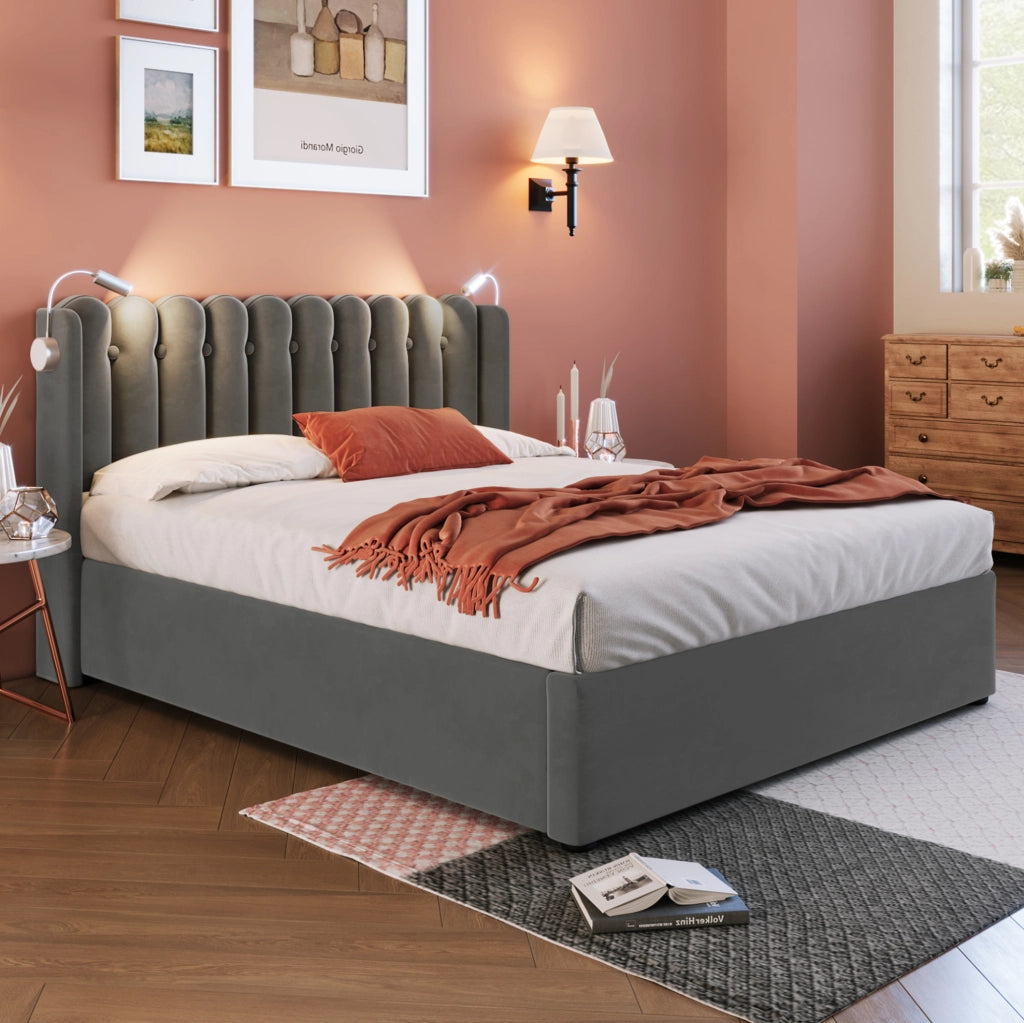 Letto imbottito 140x200 cm con LED da lettura, USB e contenitore
