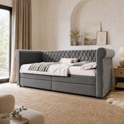 Divano letto vintage 90x200 cm in lino grigio con 2 cassetti