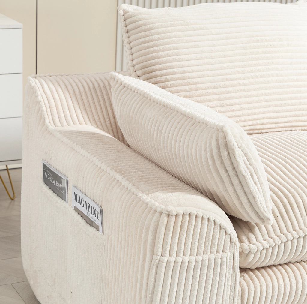 Divano 2 posti in velluto a coste beige con tasche laterali e cuscini