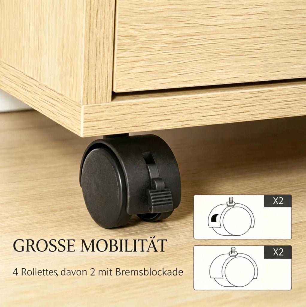 Mobile cassettiera in MDF naturale con 4 cassetti e ruote, 46x40x65 cm