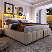 Letto imbottito 180x200 cm con LED e contenitore; lino; beige